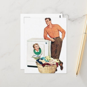 cool retro vintage laundry lady man postcard