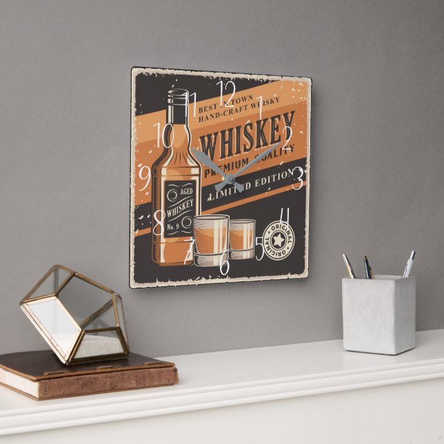 cool retro whiskey home bar square wall clock (Office)
