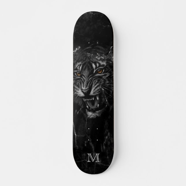Cool Roaring Tiger Black Marble Background  Skateboard (Front)