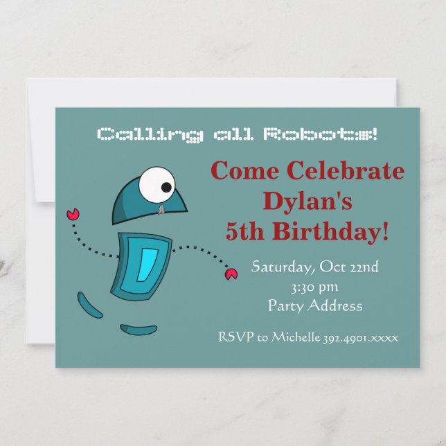 Cool Robot Birthday Party Invitations Teal (Front)