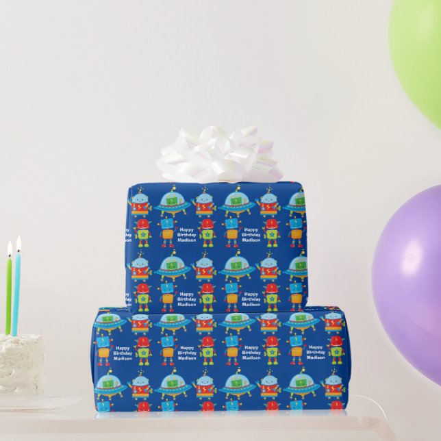 Cool Robot Blue Personalised Kids Birthday Party Wrapping Paper (Party Gifts)