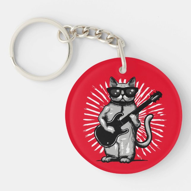 Cool Rock And Roll Cat Playing electric Guitar Key Ring (Front)