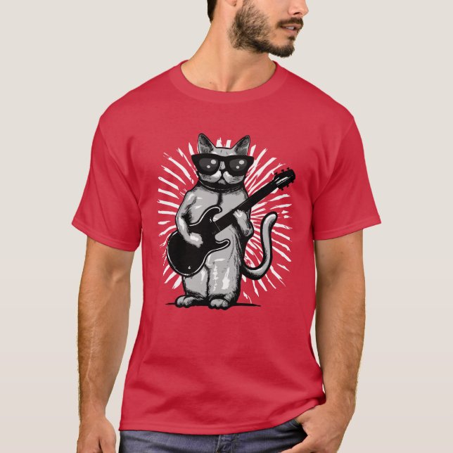 Cool Rock And Roll Cat Playing electric Guitar T-Shirt (Front)