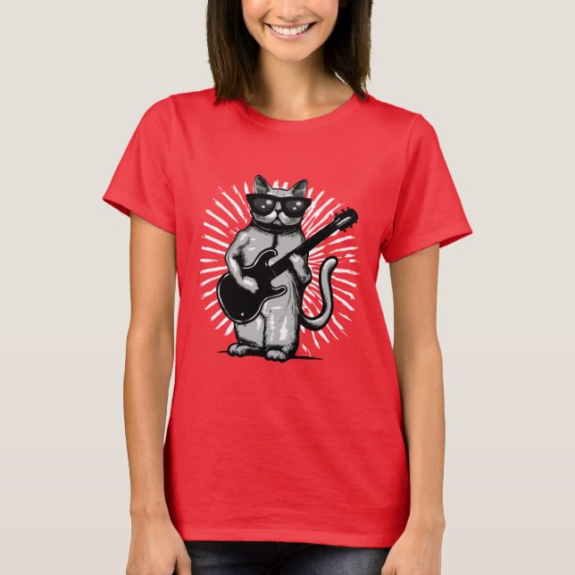 Cool Rock And Roll Cat Playing electric Guitar T-Shirt (Front)