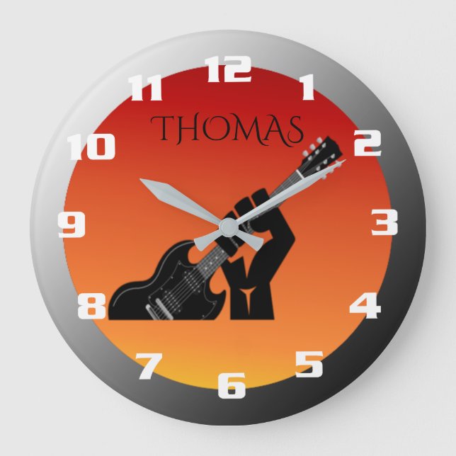Cool Rock and Roll Guitar Player Monogram Large Clock (Front)