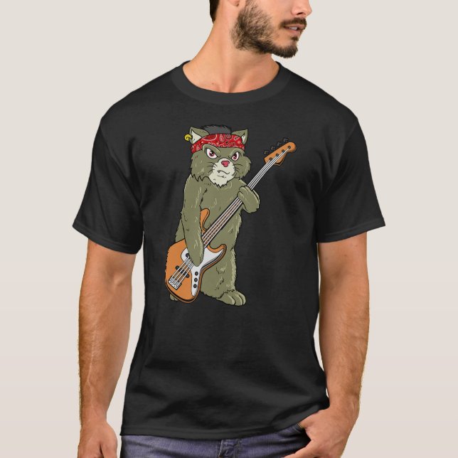 Cool Rock Cat Bass Guitar - Bassist Bass Player T-Shirt (Front)