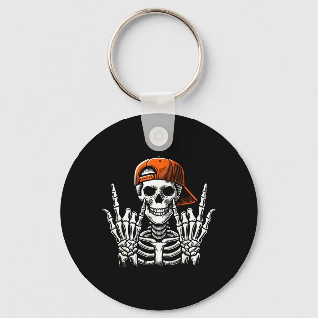 Cool Rock Skeleton Backwards Hat Halloween Spooky Key Ring (Front)