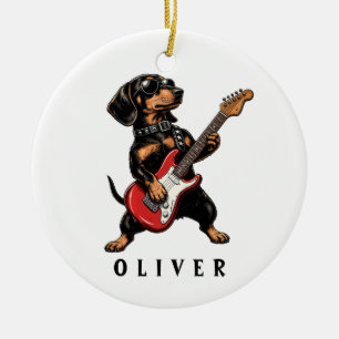 Cool Rocker Dachshund Dog Playing Electric Guitar Ceramic Tree Decoration