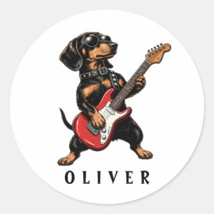 Cool Rocker Dachshund Dog Playing Electric Guitar Classic Round Sticker