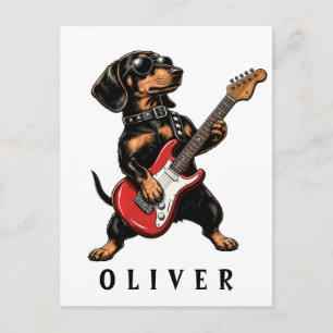 Cool Rocker Dachshund Dog Playing Electric Guitar Postcard