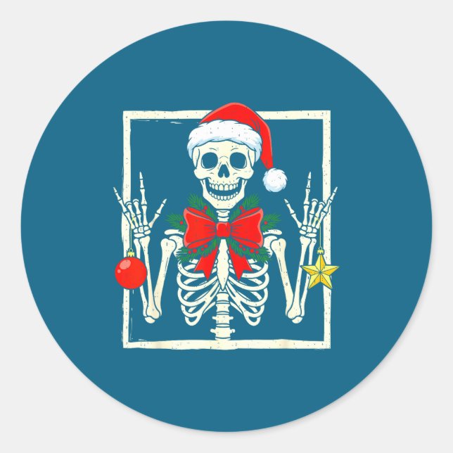 Cool Rocker Skeleton Santa Hat Christmas Punk Rock Classic Round Sticker (Front)