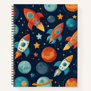 Cool Rocket Space and Planets Theme Doodle in Blue Notebook