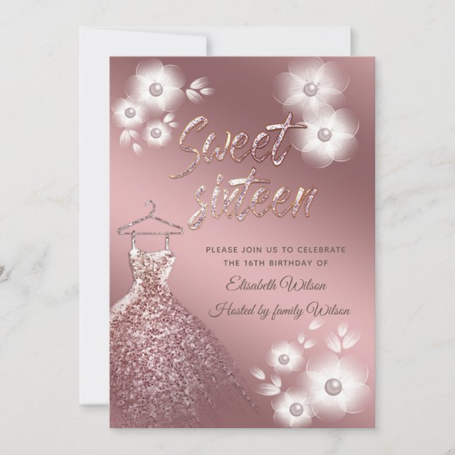 Cool Rose gold dress  pearl floral sweet sixteen Invitation (Front)