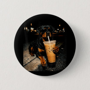 Cool Rottweiler Drinking Iced Coffee Funny Dog Art 6 Cm Round Badge