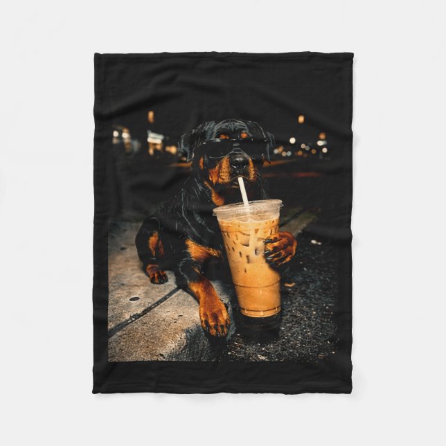 Cool rottweiler drinking iced coffee funny dog art fleece blanket (Front)