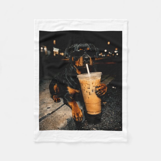 Cool Rottweiler Drinking Iced Coffee Funny Dog Art Fleece Blanket (Front)