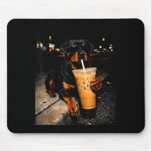 Cool rottweiler drinking iced coffee funny dog art mouse mat