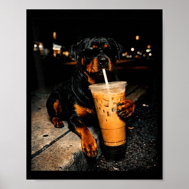 Cool rottweiler drinking iced coffee funny dog art poster (Front)