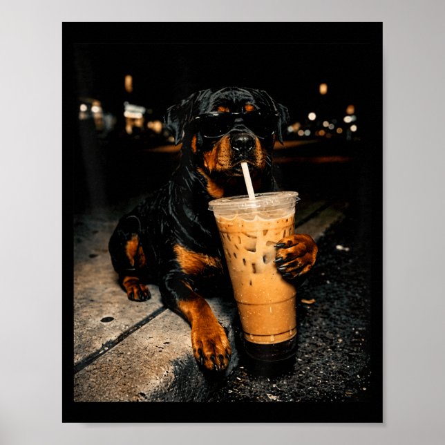 Cool Rottweiler Drinking Iced Coffee Funny Dog Art Poster (Front)