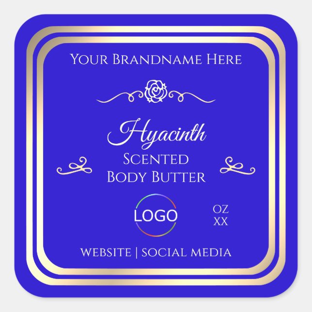 Cool Royal Blue Product Label Gold Frame with Logo (Front)