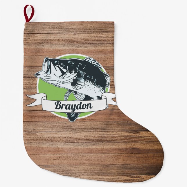 Cool Rustic Bass Fishing Outdoors Name Men's Large Christmas Stocking (Front)