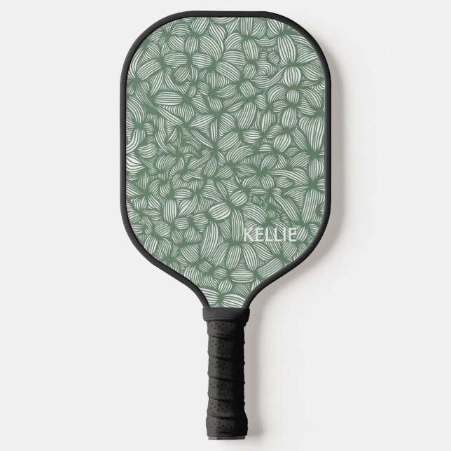Cool Sage Green and White Monogram  Pickleball Paddle (Front)