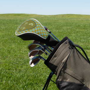 Cool Sage & Olive Green Chequered Monogram Golf Head Cover