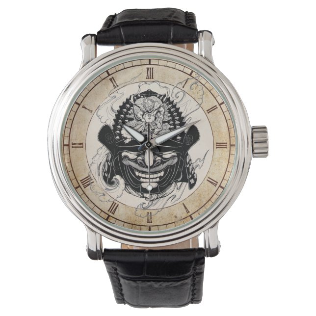 Cool  samurai demon mask helm tattoo watch (Front)