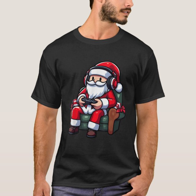 Cool Santa Claus Gamer Playing Video Games Christm T-Shirt (Front)