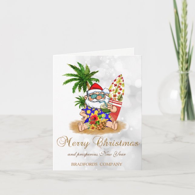 Cool Santa Claus,Palm Tree,Beach Bokeh Holiday Card (Front)