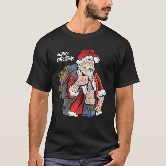 Cool Santa Claus Wearing Glasses Smoking Cigars T-Shirt (Front)
