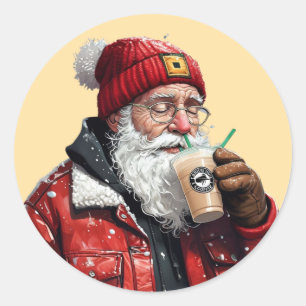 Cool Santa Drinking Iced Coffee Christmas Art Classic Round Sticker