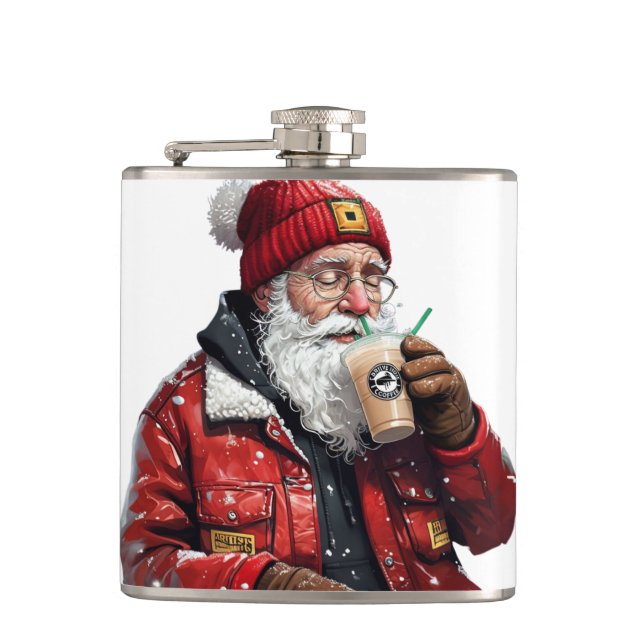 Cool Santa Drinking Iced Coffee Christmas Art Hip Flask (Front)
