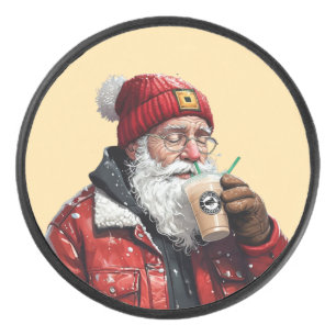 Cool Santa Drinking Iced Coffee Christmas Art Hockey Puck