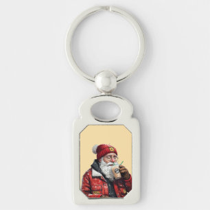 Cool Santa Drinking Iced Coffee Christmas Art Key Ring