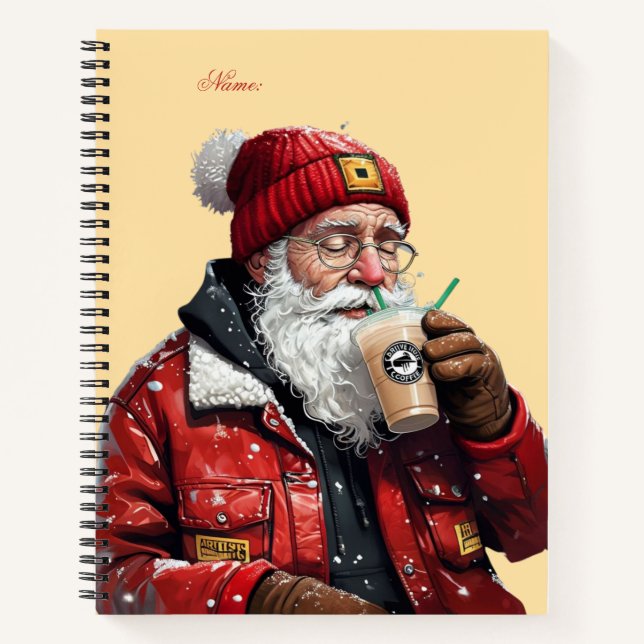 Cool Santa Drinking Iced Coffee Christmas Art Notebook (Front)