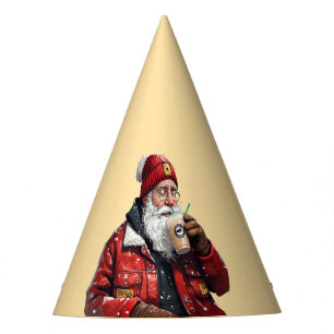 Cool Santa Drinking Iced Coffee Christmas Art Party Hat