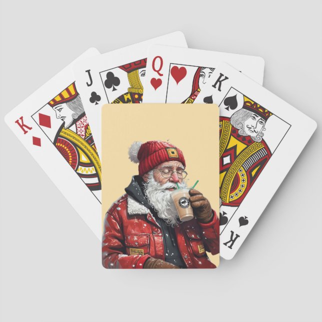 Cool Santa Drinking Iced Coffee Christmas Art Playing Cards (Back)