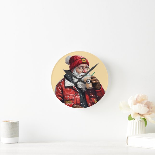 Cool Santa Drinking Iced Coffee Christmas Art Round Clock (Home)