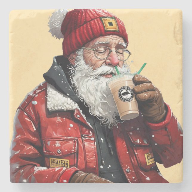 Cool Santa Drinking Iced Coffee Christmas Art Stone Coaster (Front)