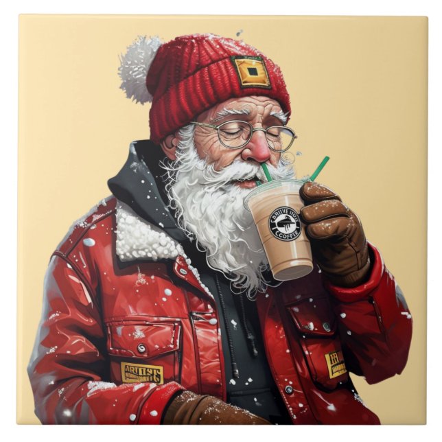 Cool Santa Drinking Iced Coffee Christmas Art Tile (Front)