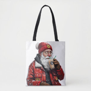 Cool Santa Drinking Iced Coffee Christmas Art Tote Bag