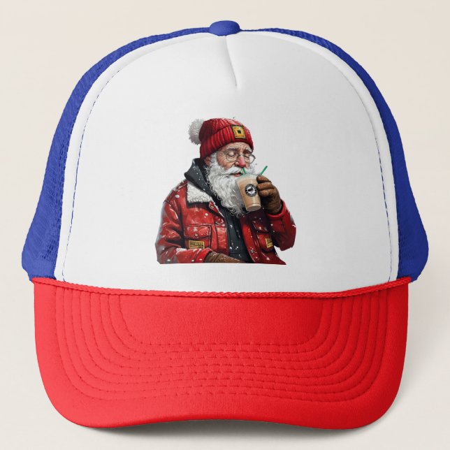 Cool Santa Drinking Iced Coffee Christmas Art Trucker Hat (Front)