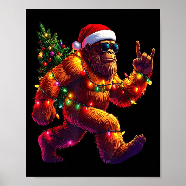 Cool Santa Hat Bigfoot Christmas Lights Festive Ho Poster (Front)