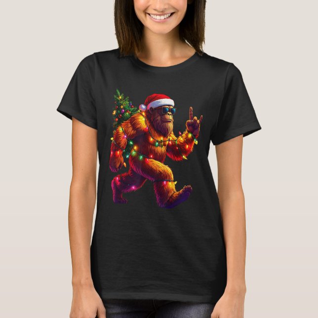 Cool Santa Hat Bigfoot Christmas Lights Festive Ho T-Shirt (Front)