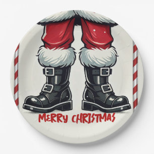 Cool Santa in Black Boots Christmas Holiday Party Paper Plate