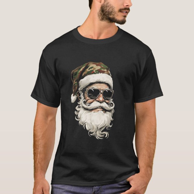 Cool Santa in Camo Hat with Sunglasses Christmas  T-Shirt (Front)