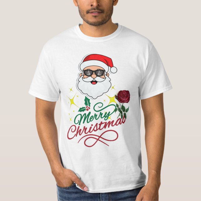 Cool Santa Merry Christmas with Rose & Holly T-Shirt (Front)