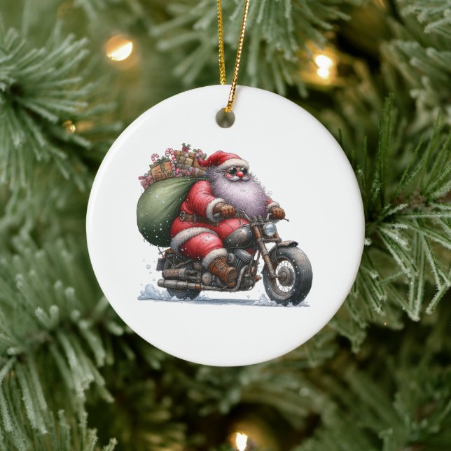 Cool Santa on a Motorcycle Customised Ceramic Tree Decoration (Tree)