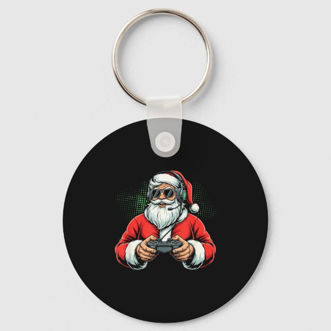 Cool Santa Playing Video Games Christmas Gamer Boy Key Ring (Front)